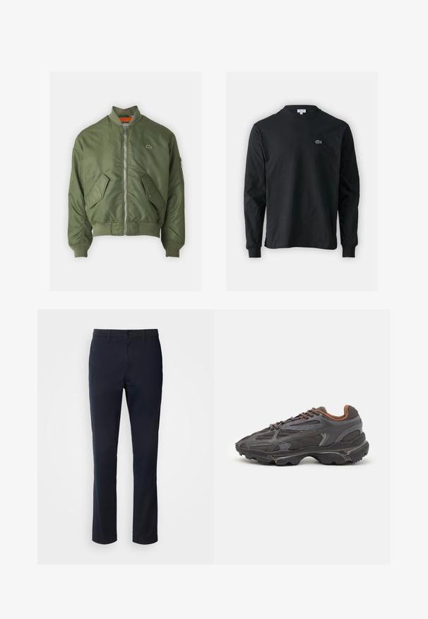 Olivově zelená bomber bunda se zipem, žebrovanými manžetami a dvěma předními kapsami. Má malé logo na levém prsu a kontrastní podšívku.; Černé dlouhé rukávy triko vyrobené z bavlny, s kulatým výstřihem a malým zeleným vyšitým logem krokodýla na levé hrudi.; Námořnické modré kalhoty vyrobené z hladkého materiálu, s rovnými nohavicemi, poutky na pásek a knoflíkovým zapínáním se zipem.; Sněrovací boty Lacoste v tmavě šedé barvě s síťovinou a syntetickým materiálem, prezentující texturovanou podrážku a hnědé detaily na límci a logu.