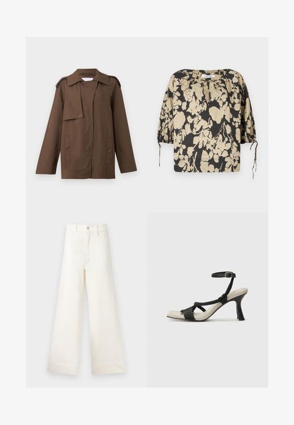 Rjava bombažna jakna z razširjenim ovratnikom, ramenskimi epoleti, gumbom spredaj in dvema žepoma na pasu.; Črna in bež cvetna bluza sproščenega kroja, z okroglim izrezom in napihnjenimi rokavi. Ima vrvice na izrezu in elastične manšete.; Široke hlače iz svetlo bež bombaža. Imajo visoko pas, sprednje žepke in ravno krojenje. Čist zaključek brez vzorcev.; Črne sandale na visoki peti z prepletenim trakom, kvadratnim nosom in nastavljivim gležnjenjem. Svetlo bež podplat z sijajno črno peto.