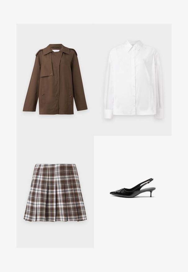 Hnedá bavlnená bunda s rozšíreným golierom, ramennými epauletami, gombíkovým zapínaním a dvoma vreckami na pásy.; Biela košeľa s dlhým rukávom vyrobená z hladkej bavlnenej zmesi. Má klasický golier, predné zapínanie na gombíky a zaoblené manžety.; Hnedo-biele kárované plisované sukne so štruktúrovaným dizajnom a jasnou textúrou, ktorá má vysoký pás a viaceré vertikálne záhyby.; Čierne kožené slingback podpätky s ostrou špičkou, malým podpatkom a dekoratívnym uzlom vpredu. Hladký povrch po celom obvode.