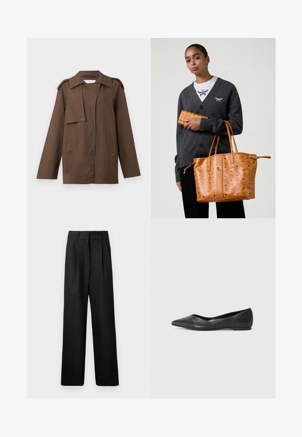Ruda medvilninė striukė su plačiu apykakle, pečių epauletėmis, mygtukų uždarymu priekyje ir dviem kišenėmis prie juosmens.; Baltas ilgas rankovėmis marškiniai su mygtukais, pagaminti iš lygaus medvilnės mišinio. Yra klasikinė apykaklė, priekinis mygtukų uždarymas ir apvalios rankogaliai.; Juodos plačios kojų kelnės su lygiu paviršiumi, su priekinėmis raukšlėmis ir aukštu liemeniu. Pagamintos iš lengvo audinio.; Juodas odinis baleto batelis su smailiu носu, žemu kulnu ir lygiu paviršiumi. Minimalistinis dizainas su subtiliu šoniniu akcentu.; Moteris, apsirengusi tamsiai pilku kardiganu ir baltu marškinėliais, laiko šviesiai rudos odinę rankinę ir derančią piniginę su logotipo spauda.