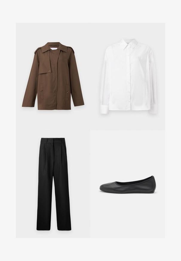 Barna pamut dzseki terjesztett gallérral, vállpántokkal, gombos elülső résszel és két zsebfedeles zsebbel a deréknál.; Fehér, hosszú ujjú, gombos ing sima pamut keverékből. Klasszikus gallérral, elöl gombos záródással és lekerekített mandzsettával rendelkezik.; Fekete, bő szárú nadrág sima textúrával, elől redőzött és magasan ülő derékkal. Könnyű anyagból készült.; Fekete bőr balettcipő lekerekített orral, sima tekstúrával, minimális varrással és rugalmas talp kialakítással.