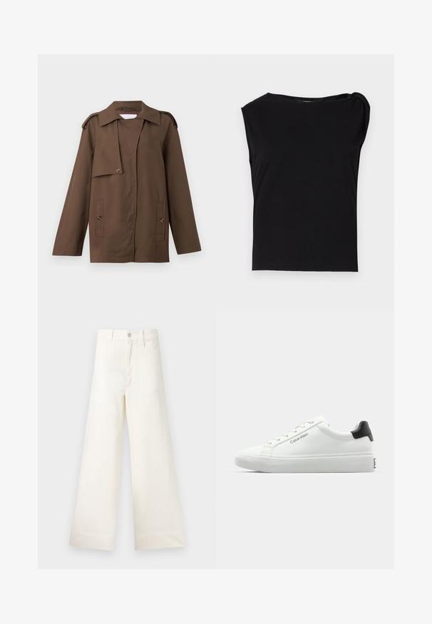 Barna pamut dzseki terjesztett gallérral, vállpántokkal, gombos elülső résszel és két zsebfedeles zsebbel a deréknál.; Fekete, rövid ujjú felső, sima anyagból készült. Kerek nyakkivágással és redőzött részletekkel a vállon. Egyszerű, szoros fazon.; Világos bézs pamut széles lábú nadrág. Magas derék, elülső zsebek és egyenes vonalú fazon jellemzi. Tiszta, mintázat nélküli hem befejezés.; Fehér sneaker sima felülettel, fekete sarok akcentussal és fűzős dizájnnal. Oldalán "Calvin Klein" márkázás található. Minimalista stílus.