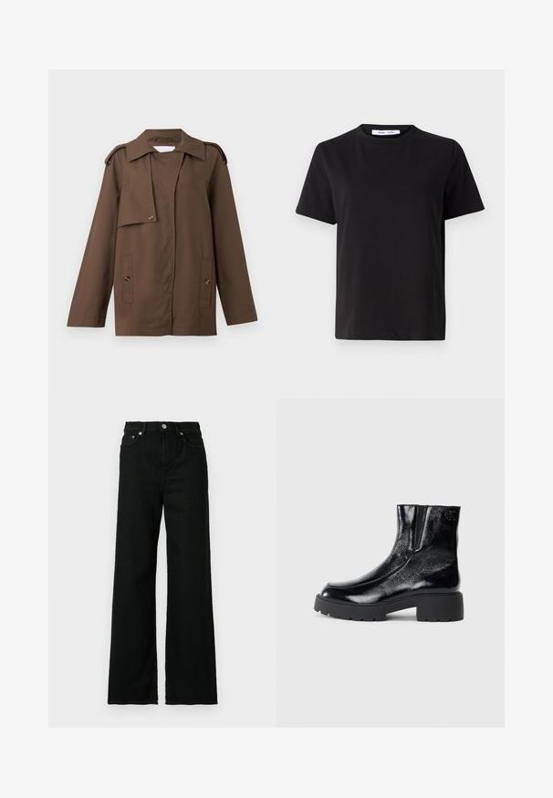 Rjava bombažna jakna z razširjenim ovratnikom, ramenskimi epoleti, gumbom spredaj in dvema žepoma na pasu.; Črna majica s kratkimi rokavi iz mehkega bombaža, ki ima okroglo izrezovanje, udoben kroj in gladko teksturo. Brez vidnih vzorcev ali grafike.; Črne kavbojke iz džinsa z visokim pasom in širokim krojem, z zapiranjem na gumb in zadrgo spredaj ter klasičnim petim žepnim dizajnom.; Črne gležnarje z sijajnim patentiranim usnjem, debele črne gumijaste podplate in dvignjen petni del; vključujejo subtilen logotip na strani.