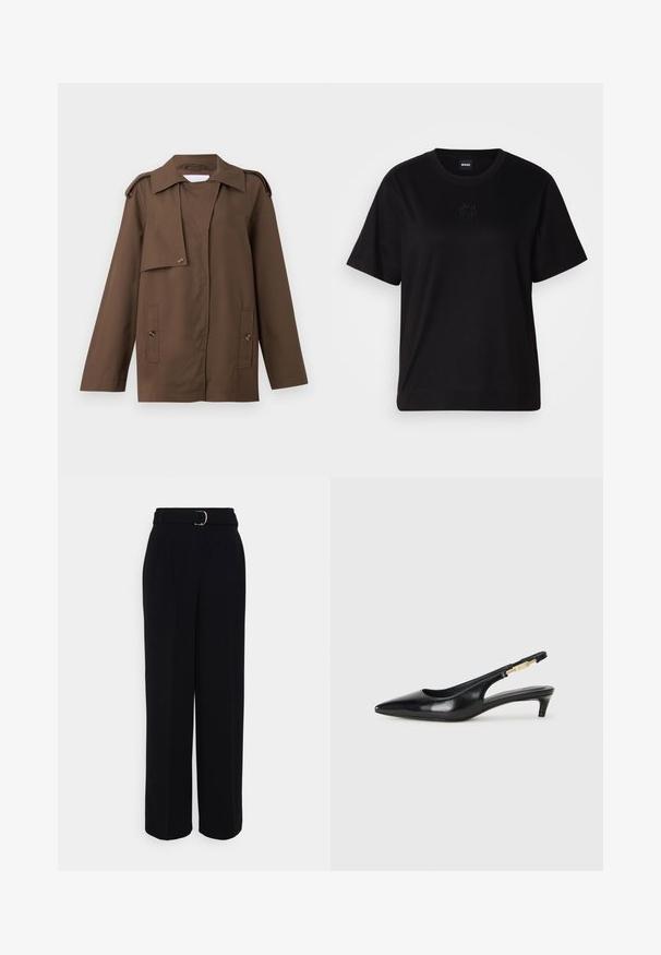 Ruskea puuvillatakki, jossa on leveä kaulus, hartiapainikkeet, nappisuljenta edessä ja kaksi läpällistä taskua vyötäröllä.; Musta puuvillapaita, jossa on pyöreä kaula-aukko, lyhyet hihat ja brodeerattu logo rinnassa. Yksinkertainen, rento istuvuus ilman kuvioita.; Mustat räätälöidyt housut, joissa on leveä lahkeensilhuetti, vyö hopeasoljella, laskokset ja sileä kankaan tekstuuri.; Mustat nahkaiset slingback-korkokengät, joissa on terävä kärki, ohuet korot ja kultasävytteinen yksityiskohta säädettävässä hihnassa. Silkkinen pinta.