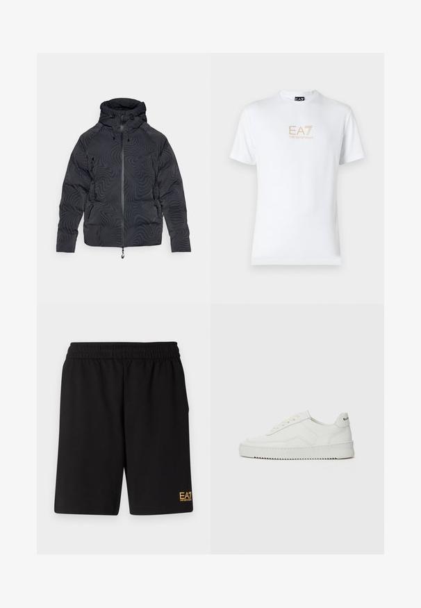Jachetă puffer de culoare gri închis cu un model ondulat. Dispune de glugă, închidere cu fermoar și reglaje. Fabricată dintr-un material texturat și izolant.; Tricou alb din bumbac, cu guler rotund și mâneci scurte, având un logo auriu EA7 Emporio Armani imprimat pe față.; Shorts atletici negri dintr-un material moale, având o talie elastică și un mic logo galben EA7 pe partea inferioară a piciorului stâng.; Sneakers din piele albă cu un finisaj neted, vârf rotund, șireturi plate și o talpă texturată. Prezintă un logo subtil pe călcâi.
