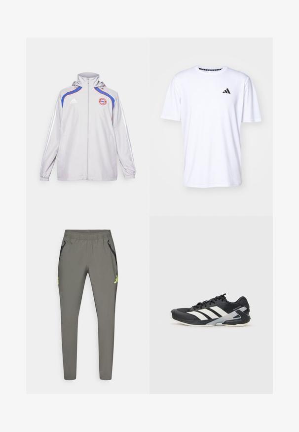 Šviesiai pilkas švarkas, pagamintas iš glotnaus audinio, su mėlynomis ir raudonomis detalėmis, užtrauktuku, su gobtuvu ir logotipu ant krūtinės. Elastingi rankogaliai ir šoniniai kišeniai.; Balta trumpa rankovėmis marškinėliai pagaminti iš lygaus audinio. Ant kairės krūtinės yra juodas adidas logotipas ir raštuota apykaklė.; adidas Performance REAL MADRID C VISTECH P - Sporto klubų atributika - utility grey/semi frozen yellow; Juoda sportinė avalynė su baltais dryžiais, tinklinis viršus, apvalus pirštas ir paminkštinta padais. Yra tekstūruota kulno dalis ir saugi raištelių sistema.