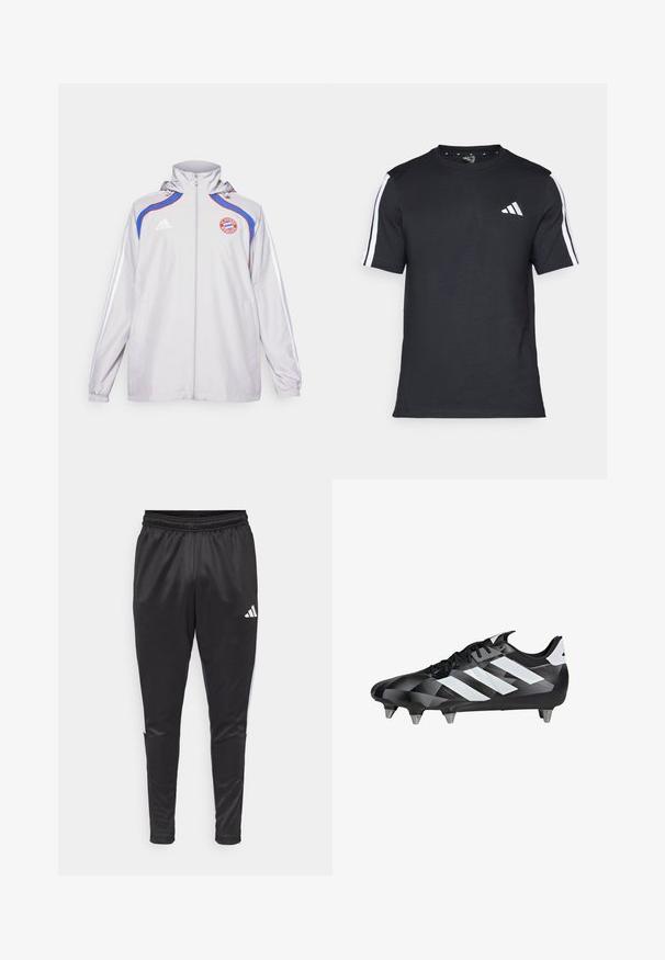 Svijetlosiva jakna napravljena od glatkog materijala, s plavim i crvenim detaljima, s patentnim zatvaračem sprijeda, kapuljačom i logotipom na prsima. Elastični manžeti i bočni džepovi.; Crna majica od pamuka s kratkim rukavima, koja ima bijele pruge na ramenima i bijeli logo na lijevoj strani prsiju.; Crne atletske hlače od glatkog materijala, sa suženim krojem, elastičnim pojasom i bijelim bočnim detaljima. Adidas logotip na desnom butu.; Crne i sive nogometne kopačke s tri bijele pruge, s uzorčanim gornjim dijelom, crnim vezicama i šest srebrnih kopči na crnom potplatu.