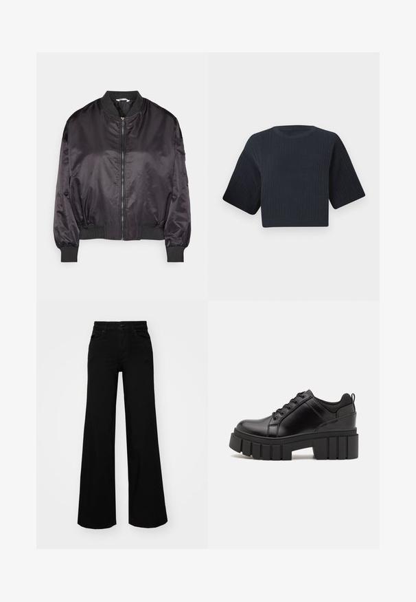 Zwarte satijnen bomberjack met een ritssluiting aan de voorkant, geribde manchetten en kraag. Heeft een losse pasvorm en een soepele textuur.; Donker marineblauw cropped gebreid sweater met ribbeltextuur, korte brede mouwen en een ronde halslijn. Eenvoudig ontwerp, zonder zichtbare patronen of accenten.; Zwarte wijdvallende broek van denim, met een gestructureerde tailleband, riemlussen en voorzakken. Glad van textuur met een klassiek ontwerp.; Zwarte leren platform schoenen met een stevige blokhak, ronde neus en een traditionele vetersluiting. Kenmerkt zich door een gladde textuur en minimale details.