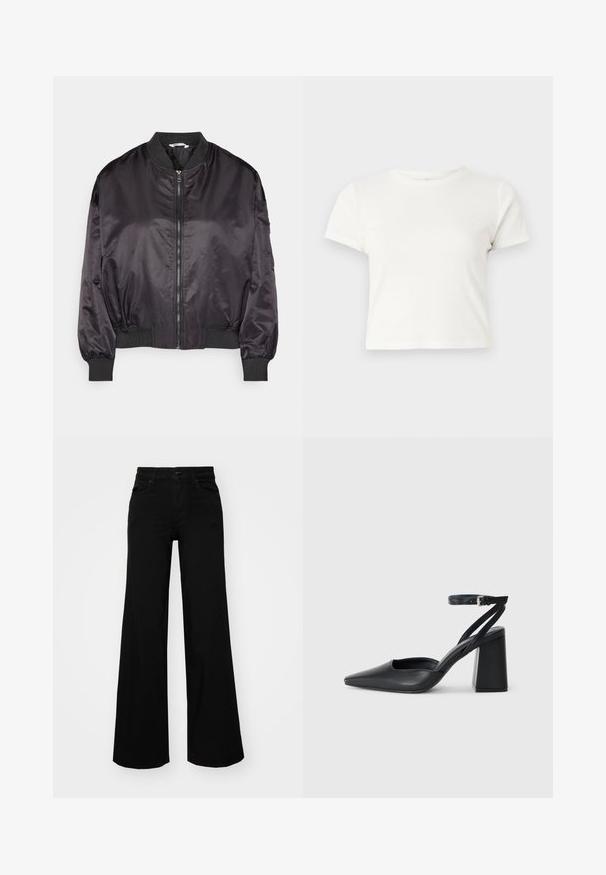 Črna satenska bomber jakna z zadrgo spredaj, rebrastimi manšetami in ovratnikom. Ima sproščen kroj in gladko teksturo.; Kratka bela majica iz bombaža s kratkimi rokavi, okroglim ovratnikom in ravnim robom, ki ima gladko teksturo in minimalističen dizajn.; Črne široke denim hlače s strukturiranim pasom, z zankami za pas in sprednjimi žepi. Gladka tekstura s klasičnim dizajnom.; Črne usnjene klasične čevlje z ostrim nosom, z zaponko za gleženj in debelim peto. Ravna tekstura, eleganten dizajn in minimalistična estetika.