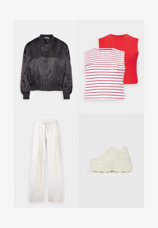Μαύρο σατέν μπουφάν bomber με φερμουάρ μπροστά, ριμπ μανσέτες και γιακά. Διαθέτει άνετη εφαρμογή και λεία υφή.; Δύο κοντομάνικα μπλουζάκια: ένα σε κόκκινο απλό χρώμα και ένα λευκό με οριζόντιες κόκκινες ρίγες. Και τα δύο έχουν στρογγυλές λαιμοκοψές και απαλή βαμβακερή υφή.; Ανοιχτό μπεζ φόρμες από μαλακό ύφασμα, με ελαστική μέση και κορδόνι, φαρδιά πόδια και κάθετες ραφές, με λεία υφή.; Λευκά αθλητικά παπούτσια με πλατφόρμα, διαθέτουν λείο επάνω μέρος που μοιάζει με δέρμα, στρογγυλή σιλουέτα, επενδυμένο κολάρο και υφασμένο καουτσούκ σόλα με καθορισμένα μοτίβα.