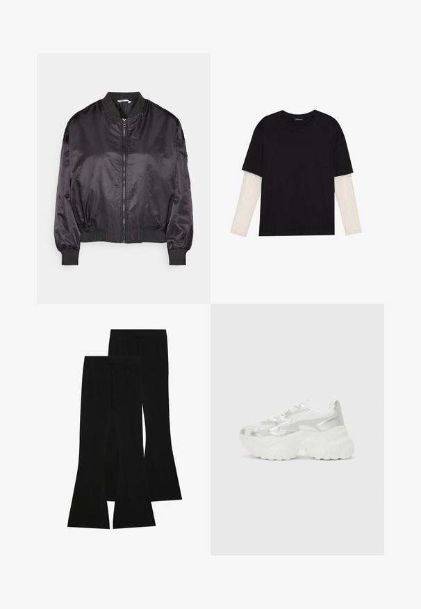 Sort satin bomberjakke med lynlås fortil, ribbede manchetter og krave. Har en afslappet pasform og glat tekstur.; Sort T-shirt lavet af bomuld, med korte ærmer over et hvidt langærmet lag med et subtilt tekstureret mønster. Design med rund hals.; Sorte flagrende bukser lavet af strækstof, med en høj talje og en glat tekstur, i et tætsiddende design der flares ud fra knæet.; Sølv sneakers med en struktureret mesh-overdel og iriserende detaljer, der har en kraftig hvid sål og snørebåndslukning.