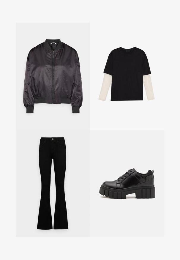 Zwarte satijnen bomberjack met een ritssluiting aan de voorkant, geribde manchetten en kraag. Heeft een losse pasvorm en een soepele textuur.; Zwarte T-shirt van katoen, met korte mouwen over een witte lange mouw laag met een subtiel textuurpatroon. Ronde hals ontwerp.; Zwarte hoge taille jeans met een knoop- en ritssluiting, voorzakken en een flared pijp, plat gelegd op een witte achtergrond.; Zwarte leren platform schoenen met een stevige blokhak, ronde neus en een traditionele vetersluiting. Kenmerkt zich door een gladde textuur en minimale details.