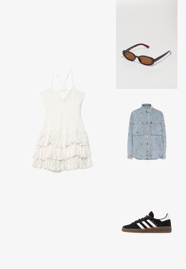 Jasnoniebieska koszula dżinsowa z długimi rękawami, dwoma kieszeniami na piersi i rozsianymi haftami czerwonych kwiatów. Zapinana na guziki z metalowymi, srebrnymi guzikami.; Biała koronkowa sukienka bez rękawów z dekoltem w kształcie V, regulowanymi cienkimi ramiączkami i warstwowym wykończeniem w falbanach.; Czarny sneaker Adidas z białymi paskami, złotym napisem "Spezial", gumową podeszwą i białym elementem przy pięcie, przedstawiony w widoku z profilu.; Okrągłe, brązowe okulary przeciwsłoneczne z błyszczącą bordową oprawą. Cienkie ramiona z subtelnym detalem marki. Płaski kształt soczewek.