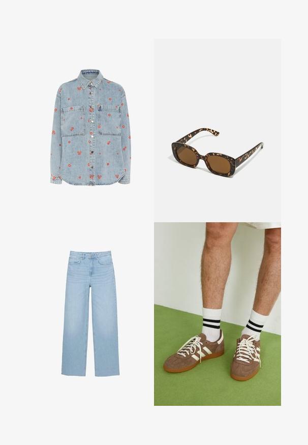 Svijetloplava traper košulja s dugim rukavima, dva džepa na prsima i raspršenim crvenim cvjetnim vezom. Prednja strana na dugmad s srebrnim dugmadi.; Cropped pulover s bijelim i sivim prugama, s visokim vratom i prednjim zipom. Teksturirana, pletena tkanina sa rebrastim rubom.; Svijetloplave traperice širokih nogavica, visokog struka, ravnog kroja, s pet džepova i čistem rubom.; Smeđe nubuk tenisice s bijelim detaljima i vezicama. Gumeni potplat. Nosene s bijelim čarapama s crnim prugama. Zeleno teksturirano pod.; Tortoiseshell naočale s okvirima u obliku kruga i debelom konstrukcijom, te smešnim lećama. Imaju suptilne uzorke i ravne, sužene nogice.; Zign LEATHER - Velika torba - light brown