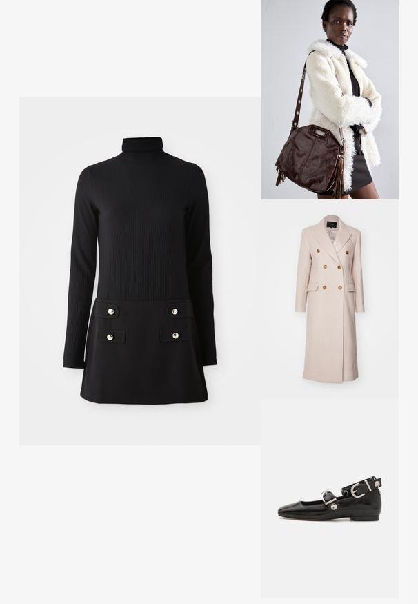 Doppelreihiger Mantel aus hellrosa Stoff, mit goldfarbenen Knöpfen, Reverskragen und zwei vorderen Taschen. Lange, gerade Silhouette.; Schwarzes, geripptes Rollkragenkleid mit langen Ärmeln, das einen taillierten Oberteil und einen ausgestellten Rock mit zwei vorderen Taschen und goldfarbenen Knöpfen hat.; Schwarze Lackleder-Ballerina mit eckiger Zehenpartie, Knöchelriemen mit silberner Hardware und flacher Sohle. Glatte Textur mit minimalistischen Design.; Braune Lederhandtasche mit strukturierter Oberfläche, gefalteten Kanten und seitlichen Quasten; ausgestattet mit einem abnehmbaren Schultergurt mit metallischen Akzenten.