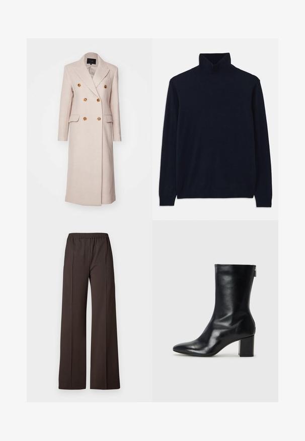 Divvakts mētelis gaiši rozā audumā, ar zelta tonī pogām, iegrieztām atlokām un divām priekšējām kabatām. Garš, taisns siluets.; Navy ražas džemperis ar garām piedurknēm, izgatavots no mīkstas adīšanas auduma. Ar ribotām apkaklēm un aprocēm, ar vienkāršu dizainu un bez rakstiem.; Gari pamatkrāsas tumši brūnas bikses ar elastīgu jostasvietu, kas izceļas ar gludu tekstūru un vienkāršām līnijām, nodrošinot elegantu izskatu.; Melna ādas potītes zābaks ar norādītu purngalu un 4 cm bloku papēdi. Gluds dizains ar sānu rāvējslēdzēju vieglai uzvilkšanai. Gluda tekstūra.