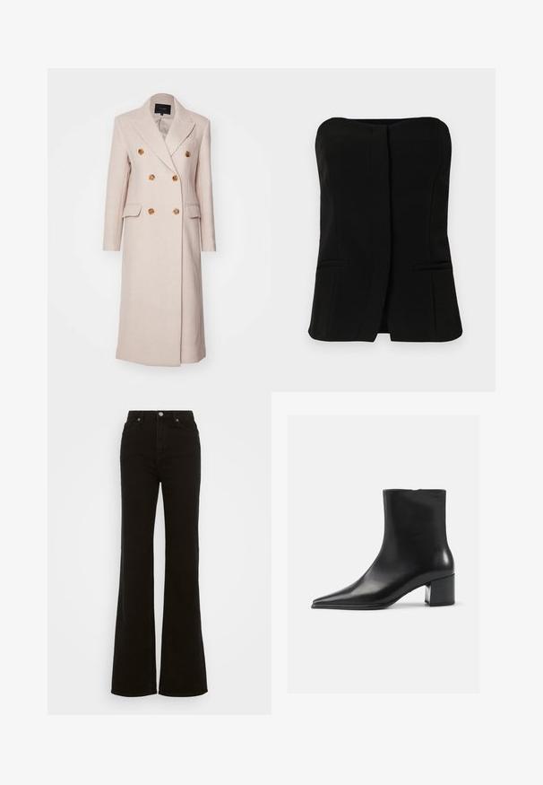 Divvakts mētelis gaiši rozā audumā, ar zelta tonī pogām, iegrieztām atlokām un divām priekšējām kabatām. Garš, taisns siluets.; Melna bez piedurknēm T-kreklā ar taisnu peņu, priekšējo pogu rindu un divām paslēptām sānu kabatām. Gluda auduma, ar izsmalcinātu dizainu.; Augstas jostas melni izplūduši džinsi, kas izgatavoti no denima, ar pogu aizdari, sānu kabatām un gludu tekstūru.; Melnas ādas potītes zābakus ar norādītu pirkstu, gludu tekstūru un vidēju bloku papēdi. Minimālisma dizains, ar rāvējslēdzēju aizmugurē.