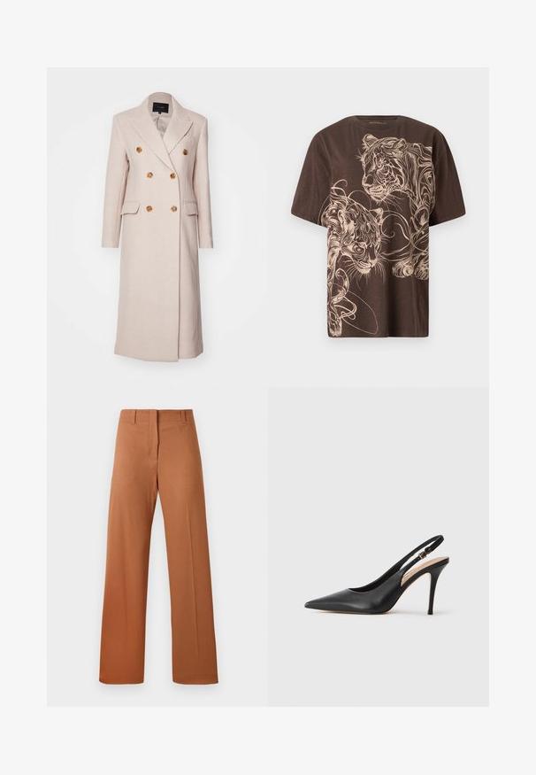 Cappotto doppiopetto in tessuto rosa chiaro, con bottoni dorati, revers a punta e due tasche frontali. Silhouette lunga e dritta.; T-shirt marrone con un dettagliato design grafico di una tigre color crema. Maniche corte, colletto rotondo e tessuto morbido e strutturato.; Pantaloni a gamba larga in un ricco tessuto marrone, caratterizzati da una superficie liscia, vita regolare con passanti per cintura e dettagli di piega anteriore.; Scarpa con tacco alto a punta in pelle nera, con una texture liscia e un delicato cinturino con una fibbia metallica.