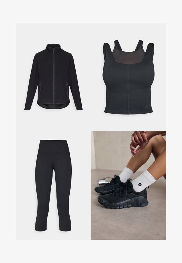 Czarna polarowa kurtka z wysokim kołnierzem, pełnym zamkiem z przodu oraz dwiema kieszeniami bocznymi na zamek. Posiada teksturowaną powierzchnię i zakrzywiony dół.; Czarny biustonosz sportowy o dopasowanym kroju, z szerokimi ramiączkami i siateczkowym wykończeniem z przodu. Gładka tekstura i minimalne szwy. Logo Nike na dolnym brzegu.; Czarne, krótkie legginsy wykonane z elastycznego materiału, z wysokim stanem i gładką strukturą, bez widocznych wzorów czy elementów metalowych.; Czarne buty sportowe z teksturowanej tkaniny, z warkoczowym wzorem i wyraźną podeszwą, w zestawie z białymi skarpetami prążkowanymi z małym logo.