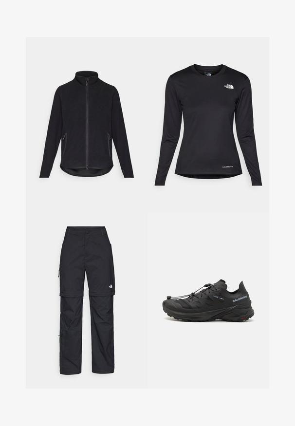 Zwarte fleece jas met een hoge kraag, volledige ritssluitingen aan de voorkant en twee zijzakken met ritssluiting. Heeft een gestructureerd oppervlak en een gebogen zoom.; The North Face SHADOW LONG SLEEVE - Longsleeve - black; Zwarte nylon cargo broek met afneembare pijpen, verstelbare manchetten, meerdere zakken en een logo op het rechterbeen. Gladde, lichte textuur.; Zwarte trailschoen voor hardlopen met een gestructureerde bovenkant, meshpanelen en een veilig bevestigingssysteem. Beschikt over een robuuste buitenzool voor grip.