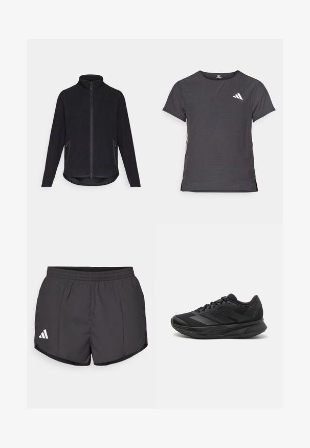 Mustat fleece-takit, joissa on korkea kaulus, koko etuvetoketju ja kaksi sivutaskua vetoketjulla. Teksturoitu pinta ja kaareva helma.; Lyhythihainen urheilupaita, tummanharmaa, jossa on reikäkudot. Ominaisuuksina valkoinen logo ja kontrastiväriset sivusuunnat. Pyöreä pääntie.; Mustat urheilushortsit kevyestä kankaasta, joissa on joustava vyötärö ja valkoinen Adidas-logo vasemmassa alakulmassa.; Mustat juoksukengät, joissa on hengittävä verkkoyläosa, pyöreä varvas, sulavalinjainen muotoilu, teksturoidut yksityiskohdat ja pehmustettu pohja mukavuutta varten.