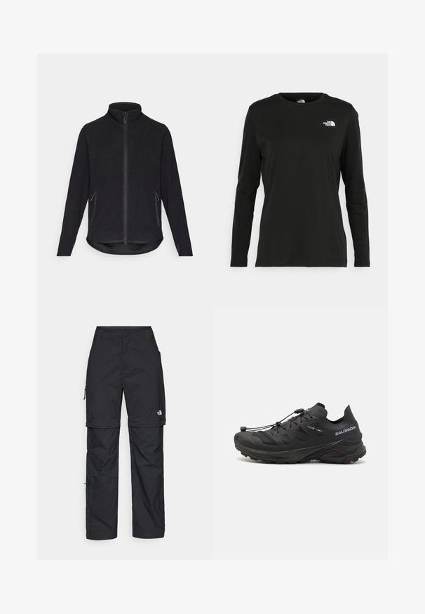 Čierna fleecová bunda s vysokým golierom, plným predným zipsom a dvoma bočnými zipsovými vreckami. Má textúrovaný povrch a zakrivený lem.; Čierne tričko s dlhým rukávom vyrobené z bavlny s okrúhlym výstrihom. Obsahuje malé biele logo na ľavej strane hrudníka. Jednoduchý dizajn a strih.; Čierne nylonové cargo nohavice s odnímateľnými nohavicami, nastaviteľnými manžetami, viacerými vreckami a logom na pravej nohe. Hladká, ľahká textúra.; Čierne trailové bežecké topánky s textúrovaným zvrškom, sieťovinovými panelmi a bezpečným systémom zapínania. Obsahujú robustnú podrážku pre lepšiu trakciu.