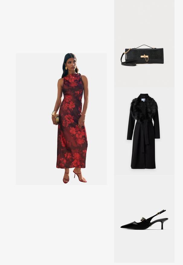 Garšs melns mētelis ar mākslīgā pūka apkakli, jostu viduklī un garām piedurknēm. Iedomāts ar gludu faktūru un vienkāršu, elegantu dizainu.; Garā, bezpiedurkņu kleita tumši vīna sarkanā krāsā ar sarkanu ziedu rakstu. Tam ir augsts kakla izgriezums un plūstoša auduma. Saskaņota ar sarkanām augstpapēžu kurpēm.; Melna patentēta ādas siksna ar papēžiem ar norādītu purngalu, ar divām zeltītām sprādzēm un slaidu stiletto papēdi.; Melna kluču soma ar teksturētu virsmu, zelta ķēdes siksniņu un aizdari. Taisnstūra forma ar elegantu, minimālistisku dizainu.