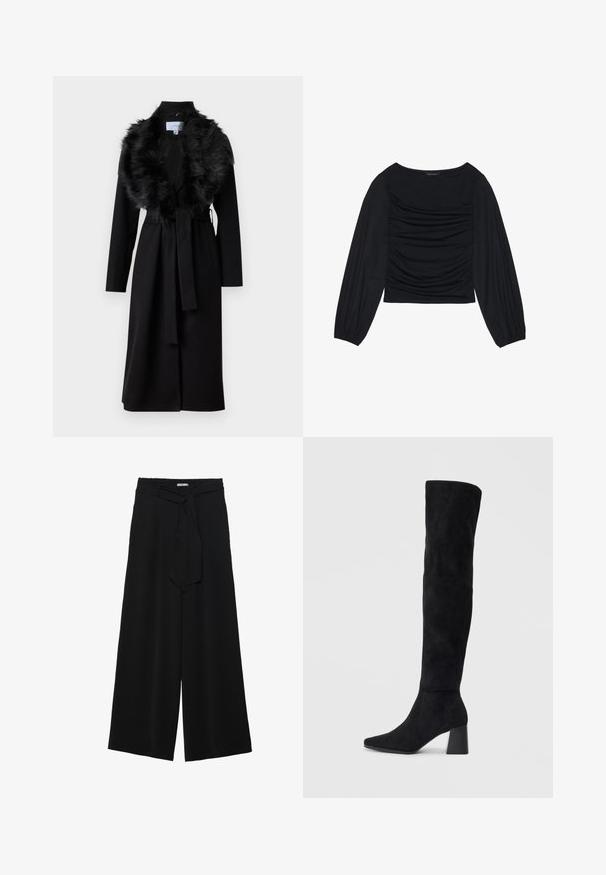 Hosszú fekete kabát műszőrme gallérral, övvel ellátott derékkal és hosszú ujjakkal. Simaságot sugalló anyag és egyszerű, elegáns dizájn jellemzi.; Fekete, hosszú ujjú felső, amely elől és a csuklónál ráncolt anyagrészletekkel rendelkezik, puha, rugalmas anyagból készült és csónaknyakú.; Fekete, bő szárú nadrág, texturált anyagból, rugalmas derékpánttal és levehető sállal a derekán, amely állítható illeszkedést biztosít.; Fekete nubuk térd fölé érő csizma, tömbsarokkal, hegyes orral és sima, varrat nélküli dizájnnal, világos háttérrel.