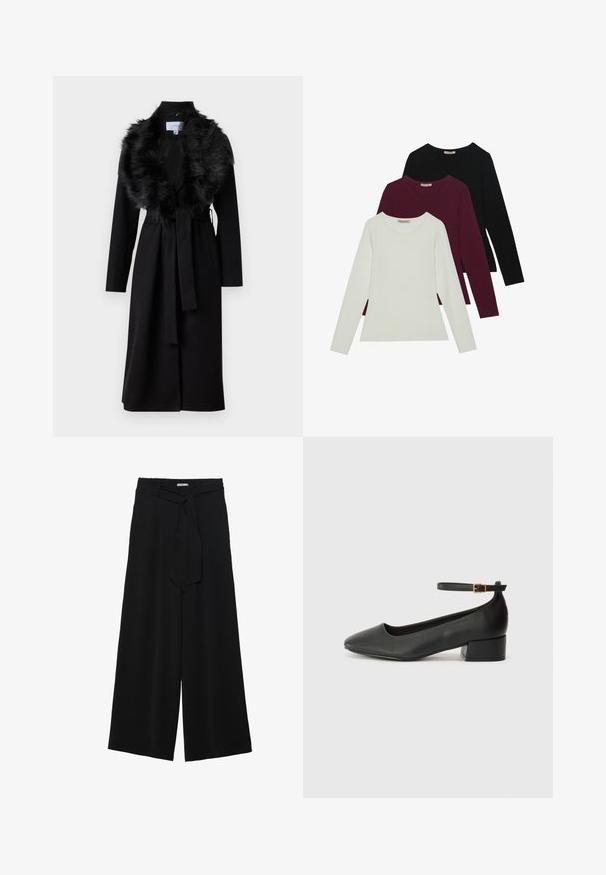 Um longo casaco preto com um colarinho de pelúcia sintética, cintura cingida e mangas longas. Apresenta uma textura suave e um design simples e elegante.; T-shirts de manga longa nas cores branca, burgundy e preta. Feitos de um tecido suave com decote redondo e design ajustado. Adequados para sobreposições.; Calças largas pretas com um tecido texturizado, uma cintura elástica e um laço destacável na cintura para um ajuste ajustável.; Sandal de pele preta com bico pontiagudo e um salto bloco baixo. Apresenta uma tira no tornozelo com uma fivela em tom dourado. Textura suave.