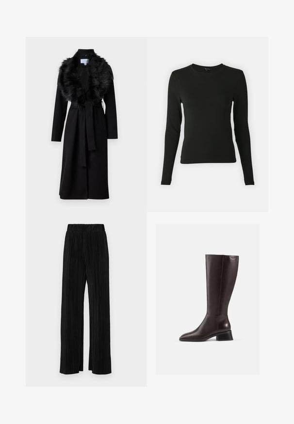 Lång svart kappa med en fuskpälskrage, bälte i midjan och långa ärmar. Har en slät textur och en enkel, elegant design.; Svart långärmad skjorta i mjukt tyg, med rund halsringning och figurnära passform, utan synliga mönster eller detaljer.; Svarta plisserade byxor med resårmidja. Har vida ben och ett mjukt, texturerat material med vertikala ränder.; Knähöga bruna läderstövlar med en slät finish, rund tå och en staplad svart klack. Enkel design med minimala hårdvarudetaljer.