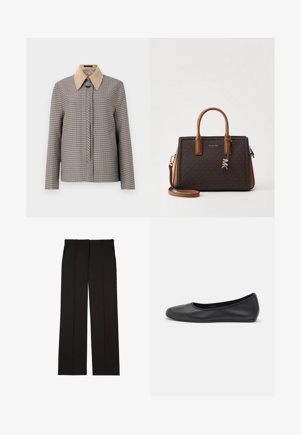 Čtvercová košile na knoflíky s béžovým kordovým límcem. Má dlouhé rukávy, přední légu a strukturovaný vzor látky.; Bílá blůzka s kulatým výstřihem, s nařaseným předním dílem a tříčtvrtečními nabíranými rukávy. Vyrobena z lehkého materiálu s jemnou texturou.; Černé elegantní kalhoty na míru vyrobené z hladké látky, s rovnými nohavicemi a dvěma postranními kapsami. Elegantní a minimalistická konstrukce.; Černé kožené baletní byty s kulatou špičkou, hladkou texturou, minimálními švy a flexibilním designem podrážky.; Hnědá kožená kabelka s monogramem, dvojitými vrchními rukojeťmi, odnímatelným ramenním popruhem, zlatými kovovými detaily a logovým přívěskem.