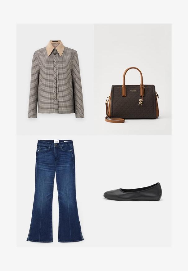 Ruudullinen nappipaita, jossa on beigekorduroy-kaulus. Varustettu pitkillä hihoilla, etupaneelilla ja tekstuuripintaisella kankaalla.; Valkoinen paita, jossa on pyöreä pääntie, pleatattu etuosa ja kolmannespuolen puffihihat. Valmistettu kevyestä kankaasta, joka tuntuu pehmeältä.; Tummansiniset leveälahkeiset farkut, jotka on valmistettu denimmateriaalista. Ominaisuuksiin kuuluu korkea vyötärö, etupocketit ja halkiokohdat helman kohdalla. Klassinen viiden taskun muotoilu.; Musta nahkainen ballerina, jossa on pyöristetty kärki, sileä pinta, minimaalinen ommelkoristelu ja joustava pohjamuotoilu.; Ruskea nahkalaukku, jossa on monogrammikuosi, kaksinkertaiset ylhäältä tulevat kantokahvat, irrotettava olkahihna, kultapintaiset yksityiskohdat ja logokoru.