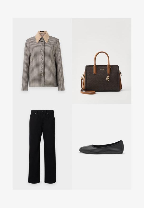 Čtvercová košile na knoflíky s béžovým kordovým límcem. Má dlouhé rukávy, přední légu a strukturovaný vzor látky.; Bílá blůzka s kulatým výstřihem, s nařaseným předním dílem a tříčtvrtečními nabíranými rukávy. Vyrobena z lehkého materiálu s jemnou texturou.; Černé rovné džíny vyrobené z bavlny, s předním zapínáním na knoflík, poutky na opasek a pěti kapsami. Hladká textura bez vzorů.; Černé kožené baletní byty s kulatou špičkou, hladkou texturou, minimálními švy a flexibilním designem podrážky.; Hnědá kožená kabelka s monogramem, dvojitými vrchními rukojeťmi, odnímatelným ramenním popruhem, zlatými kovovými detaily a logovým přívěskem.