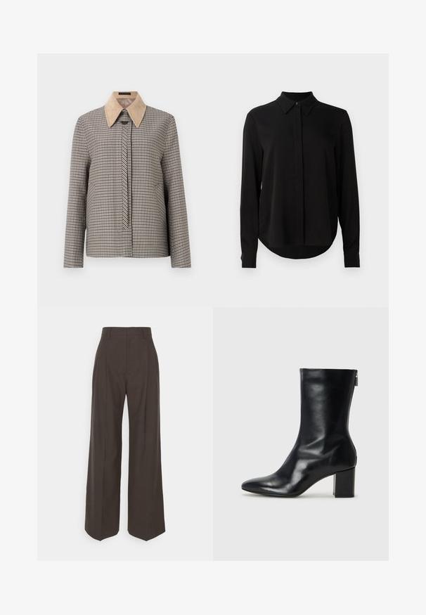 Kockás gombos ing bézs kordbársony gallérral. Hosszú ujjakkal, elöl gombolással és texturált szövetmintával rendelkezik.; Fekete hosszú ujjú blúz hegyes gallérral, rejtett gombsorttal és ívelt aljjal egy sima fehér háttér előtt.; Sötétbarna, bő szárú nadrág magas derékkal, tisztán vasalt redőkkel, sima textúrával és testhez simuló fazonnal.; Fekete bőr bokacipő hegyes orral és 4 cm-es blokkfallal. Simán díszített designja oldalra nyíló cipzárral rendelkezik, ami megkönnyíti a felvételt. Simább textúrával.