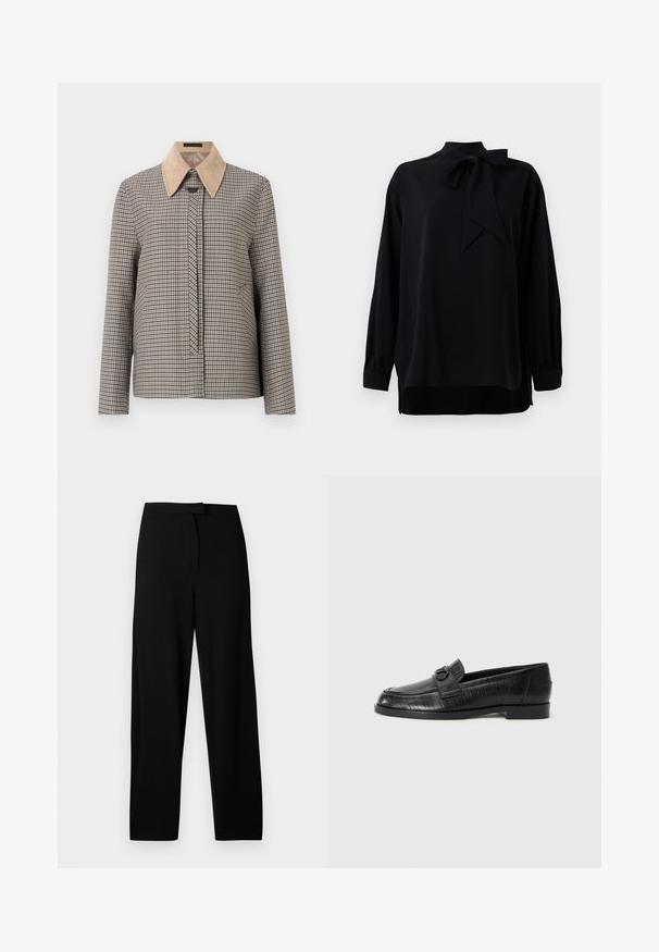 Kockás gombos ing bézs kordbársony gallérral. Hosszú ujjakkal, elöl gombolással és texturált szövetmintával rendelkezik.; Fekete blúz magas gallérral és masnis részlettel. Hosszú ujjak, mandzsettás véggel. Sima anyagból készült, laza szabással.; Fekete, bő szárú nadrág puha, rugalmas anyagból. Simaság jellemzi a derékrészt, nincsenek látható varrások vagy zsebek. Egyszerű és sokoldalú dizájn.; Fekete bőr loafer cipők sima felsőrésszel, dombornyomott vonalmintával és dekoratív csat részlettel a cipő orrán. Alacsony, tömb alakú sarok.