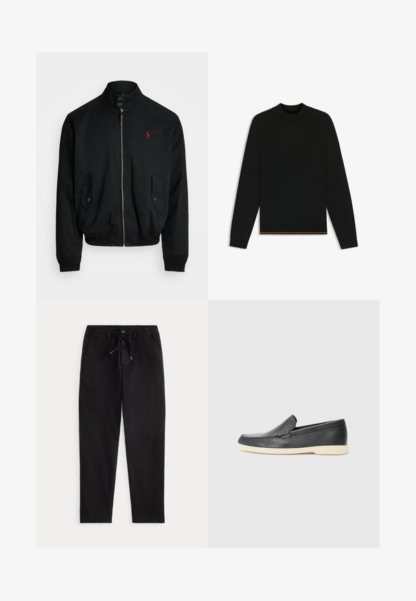 Czarna kurtka bombowca z wysokim kołnierzem, z zamkiem z przodu, dwoma bocznymi kieszeniami, ściągaczami przy mankietach oraz małym czerwonym logo na piersi. Gładka faktura materiału.; Czarny sweter z dzianiny z długimi rękawami i wysokim kołnierzem. Ma złoty akcent na dolnym brzegu. Gładka tekstura i dopasowany krój.; Czarne casualowe spodnie z elastycznym pasem, sznurkiem do regulacji, guzikiem z przodu oraz bocznymi kieszeniami, zaprezentowane na jednolitym tle.; Czarne skórzane slip-ony w stylu loafers z teksturowanym wykończeniem i kontrastującą beżową gumową podeszwą. Posiadają delikatny akcent wzdłuż przodu.