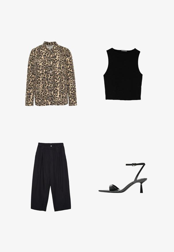 Leopardprint denimjakke med krave, frontlukning med knapper, to brystlommer og stikninger på en beige baggrund.; Sort ærmeløs crop top lavet af glat stof, med rund hals og et rent, enkelt design uden mønstre eller hardware.; Sorte polyester culotte bukser med elastisk talje, to forpiber og en løs silhuet. Ingen synlige mønstre eller hardware detaljer.; Bershka Højhælede sandaletter / Højhælede sandaler - black