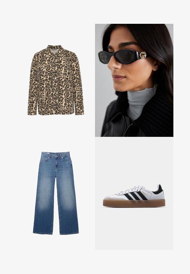 Džínová bunda s leopardím vzorom, s golierom, predným zapínaním na gombíky, dvoma náprsníkovými vreckami a prešívanými detailmi na béžovom pozadí.; Svetlo béžová tielko vyrobené z jemného materiálu, s tenkými nastaviteľnými ramienkami a výstrihom do V s mierne uvoľneným strihom.; Džíny so širokými nohavicami, svetlomodré, s vyblednutým vzhľadom, piatimi vreckami a gombíkovým zapínaním v páse. Bavlnený materiál, rovný strih.; Biele kožené tenisky s čiernymi pruhmi, gumová podrážka, okrúhla špička, šnurovanie a mäkký sivý semišový špička.; Čierne slnečné okuliare s elegantným obdĺžnikovým rámom a zlatým logom na boku. Tmavé šošovky a lesklý povrch sú výrazné.; Čierna kožená tkaná taška s voľným tvarom a širokým ramenným popruhom. Disponuje textúrovaným, prepleteným dizajnom s hladkým povrchom.