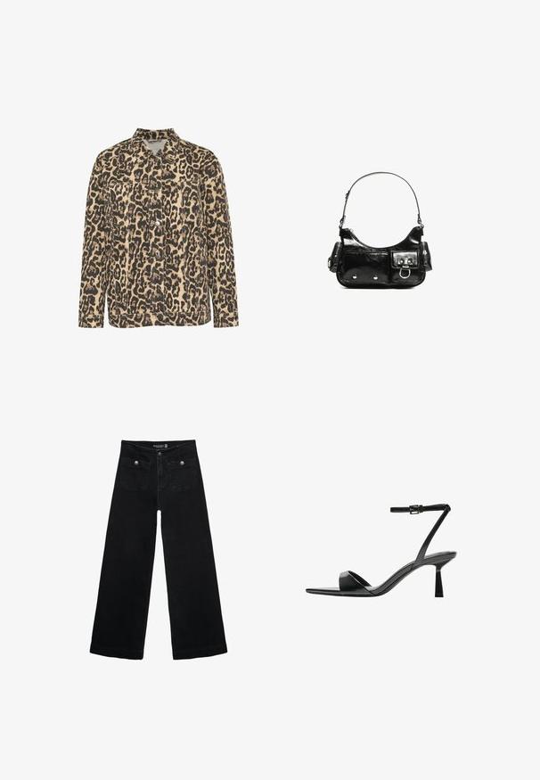 Leopardenmuster-Denimjacke mit Kragen, vorderem Knopfverschluss, zwei Brusttaschen und gestickten Details auf einem beigen Hintergrund.; Schwarzes, langärmliges, kurz geschnittenes Oberteil mit Rundhalsausschnitt, schlichter Gestaltung und leicht abgerundetem Saum.; Schwarze, weit geschnittene Jeans mit hoher Taille, die zwei Fronttaschen und metallene Knopfakzente aufweist. Der Stoff hat eine glatte Textur.; Bershka High Heel Sandalette - black; Schwarze Lackleder-Handtasche mit geschwungenem Design, einem Schulterriemen, Vordertaschen und silberfarbenen Hardware-Akzenten.