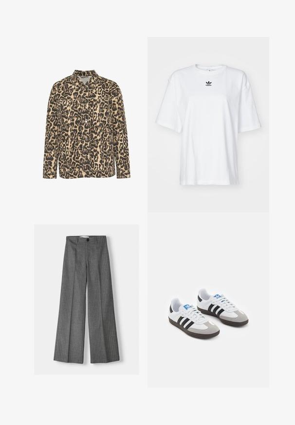 Veste en denim imprimé léopard avec un col, fermeture à boutons sur le devant, deux poches poitrine et des détails cousus sur un fond beige.; T-shirt blanc à manches courtes en coton. Avec un col rond et un petit logo Adidas noir sur la poitrine. Ourlet droit.; Pantalons large gris à rayures, dotés d'une fermeture à bouton et de deux poches avant. Fabriqués en tissu texturé.; Baskets avec une tige en cuir blanc, un bout en daim gris et trois bandes noires. Présente un logo bleu sur la languette et une semelle en caoutchouc texturée.