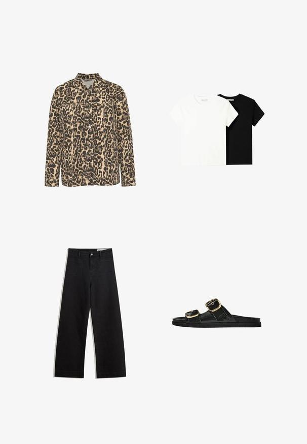 Leopardenmuster-Denimjacke mit Kragen, vorderem Knopfverschluss, zwei Brusttaschen und gestickten Details auf einem beigen Hintergrund.; Zwei kurzärmelige T-Shirts, eines weiß und eines schwarz, aus Baumwolle. Beide haben einen runden Halsausschnitt und ein einfaches, klassisches Design.; Schwarze weit geschnittene Jeans mit hoher Taille, ausgestattet mit Vorder- und Hintertaschen, gesteppten Nähten und einem Knopfverschluss. Glatte Textur.; Schwarze Riemensandale mit zwei goldenen Schnallendetails, glattem Material, flachem Sohlen und minimalistischer Gestaltung.