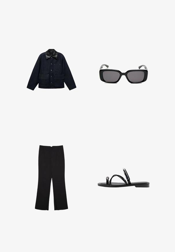 Tmavomodrá džínová bunda s čiernym koženým golierom, obsahujúca predné cvokové zapínanie, dve veľké predné vrecká a jedno vrecko na prsiach.; Čierny krátky rukáv top vyrobený z hladkej tkaniny; má prehnutý výstrih a asymetrický lem, s priliehavým telom.; Čierne nohavice so strihom rovného strihu, s prednými vreckami a bočnými rozparkami na leme. Vyrobené z mäkkej, hladkej tkaniny. Vhodné na rôzne príležitosti.; Čierne ploché sandále s lesklým povrchom, tromi tenkými popruhmi a okrúhlou kovovou ozdobou na prste. Elegantný dizajn s minimálnym podpätkom.; Čierne obdĺžnikové slnečné okuliare s tmavými sklami, hladkým plastovým rámom a zakrivenými stranami. Dizajn je robustný s minimalistickou estetikou.