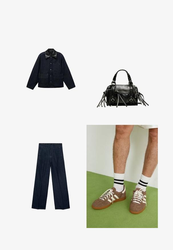 Mørk denimjakke med krave i sort læder, udstyret med trykknaplukninger foran, to store forlommer og en brystlomme.; Leopardmønstret bodysuit med scoop-udskæring, ærmeløs design, blødt stof og trykknaplukning i bunden. Farvepaletten inkluderer beige og sort.; Marineblå brede jeans med høj talje, læg og traditionelt fem-lomme design, lavet af denimstof med subtile syninger.; Brune ruskind sneakers med hvide detaljer og snørebånd. Gummisål i naturgummi. Båret med hvide sokker med sorte striber. Grøn struktureret gulv.; Sort læderhandtaske med flettede håndtag, tekstureret overflade, lynlåslomme foran og dekorative frynse-accenter. Kompakt og struktureret form.