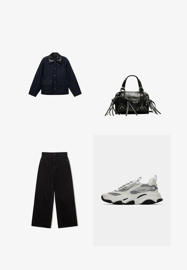 Ciemnoniebieska dżinsowa kurtka z czarnym skórzanym kołnierzem, z przodu zapinana na napy, wyposażona w dwie duże kieszenie z przodu oraz jedną kieszeń na piersi.; Body z printem w panterkę, z okrągłym dekoltem, bez rękawów, wykonany z miękkiego materiału i z zapięciem na zatrzask w dolnej części. Paleta kolorów obejmuje beż i czerń.; Czarne, szerokie dżinsy z denimu z wysokim stanem, z pięcioma kieszeniami i pojedynczym zapięciem na guzik z przodu.; Białe sportowe sneakersy z panelami z siateczki, szarymi akcentami i czarnymi gumowymi podeszwami. Posiadają sznurowadła, uchwyt oraz oznaczenie marki.; Czarna skórzana torebka z plecionymi uchwytami, teksturowaną powierzchnią, zamykanym z przodu kieszonką oraz dekoracyjnymi frędzlami. Kompaktowy i wyraźny kształt.