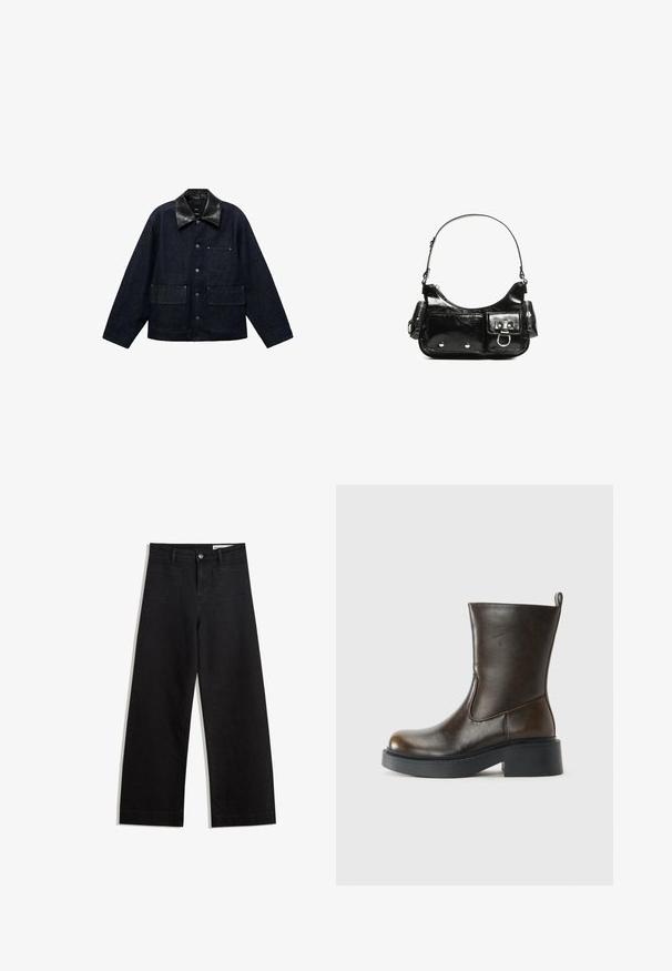 Tamna traper jakna s crnim kožnim ovratnikom, s prednjim zatvaračima na snap, dva velika prednja džepa i jedan džep na prsima.; Smeđi kratki rukav majica od mekog materijala, s okruglim izrezom i opuštenim krojem. Nema vidljivih uzoraka ili naglasaka.; Crne široke traperice s visokim strukom, s prednjim i stražnjim džepovima, šivenim šavovima i kopčanjem na gumb. Glatka tekstura.; Tamnosmeđi kožni boot do sredine lista s zaobljenim prstom, debelim crnim đonom, niskom blok petom i ručkom na stražnjoj strani.; Crna patentna kožna torba s zakrivljenim oblikom, jednim remenom za rame, prednjim džepovima i akcentima od srebrnog tona.