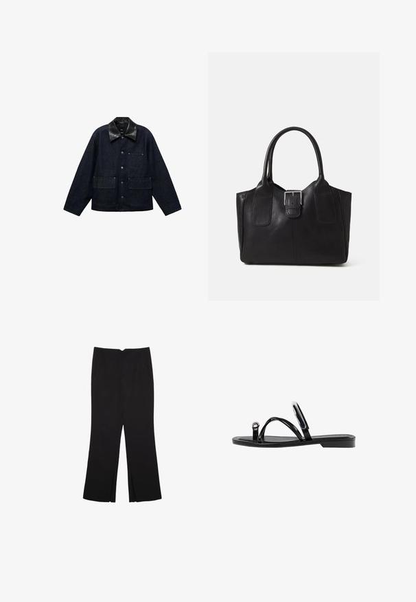 Tumman denim-takki mustalla nahkakauluksella, jossa on edessä nappilukko, kaksi suurta etutaskua ja yksi rintatasku.; Musta puuvillainen t-paita, jossa on rento leikkaus, lyhyet hihat, pyöreä pääntie ja sileä rakenne. Ei näkyviä kuvioita tai yksityiskohtia.; Mustat housut suoralinjaisella leikkauksella, joissa on etutaskut ja sivurei'ät helman alla. Valmistettu pehmeästä ja sileästä kankaasta. Sopii eri tilaisuuksiin.; Mustat litteät sandaalit, joissa on kiiltävä pinta, kolme ohutta hihnaa ja pyöreä metalliosuus varpaissa. Tyylikäs muotoilu, jossa on minimaalinen kantapää.; Musta nahkainen olkalaukku, jossa on sileä pinta, ryhdikäs muoto, kaksi kahvaa ja silmienpistävä hopeinen solkiyksityiskohta edessä.
