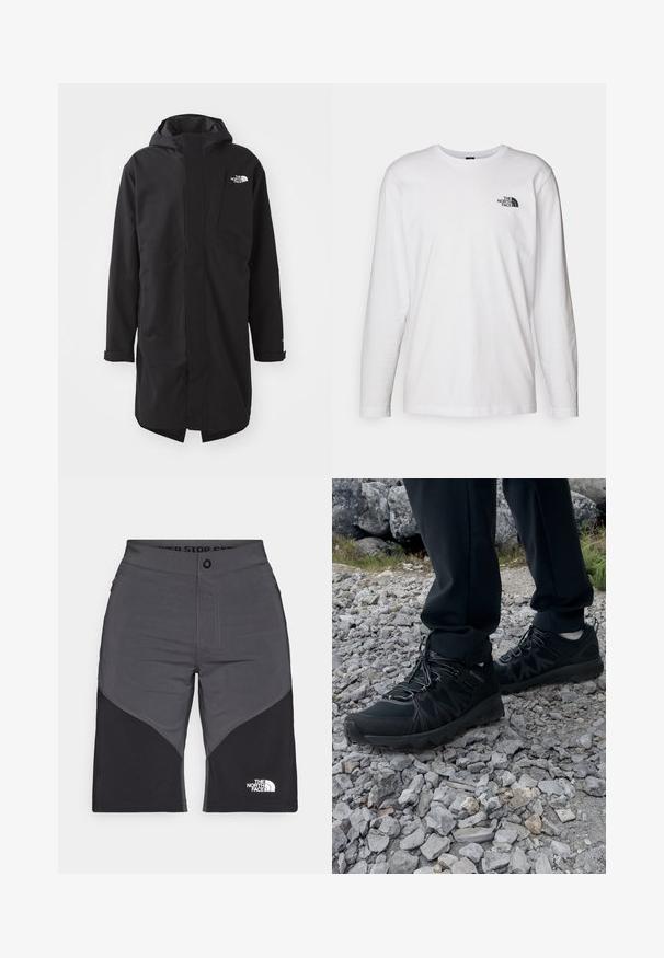 The North Face NUKABIRA LONG SHELL - Parka - black; White long-sleeve T-shirt made of cotton with a crew neck. Features a small black logo on the chest. Smooth texture, regular fit.; Gray and black shorts with a panel design, front button closure, and The North Face logo. Made of a lightweight, durable fabric.; Black outdoor shoes with mesh and synthetic material, featuring a textured upper, secured lacing system, and a rugged outsole, on rocky terrain.