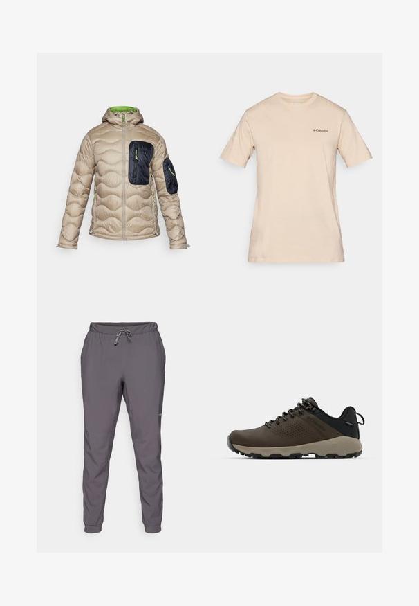Beež paksus jakk sobiva kapuutsiga, tumesinise esitaskuga, roheliste tõmblukuelementidega ja tekstuuriga tikandiga kogu ulatuses.; Beige lühikeste varrukatega T-särk, mis on valmistatud puuvillast. Vasakul rinnal on väike must Columbia logo. Tavaline ringkaeluse disain.; Hallid hallid, kergekaalulised, elastse vöökohtadega püksid, mis on varustatud reguleeritava nööriga; kitsenevad jalad; sile tekstuur; sisaldab logo detaili küljel.; Kohandatud veekindlad pruunid spordijalatsid tekstuuriga pealisega, perforatsioonidega detailid, must kandetoetav osa ja hall kummine sisetald. Paelad on metallist otstega.
