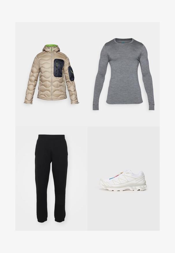 Beige puffy jacket with a fitted hood, dark blue front pocket, green zipper accents, and textured quilted design throughout.; Long-sleeve gray shirt made of a textured, lightweight material with a crew neck and fitted design. Small logo detail on chest.; Black sweatpants made of cotton blend, featuring an elastic waistband, tapered legs, and ribbed cuffs at the ankles. Simple design, no patterns.; White athletic shoe with textured mesh upper, reflective accents, and a cushioned sole. Notable brand logo on the side.