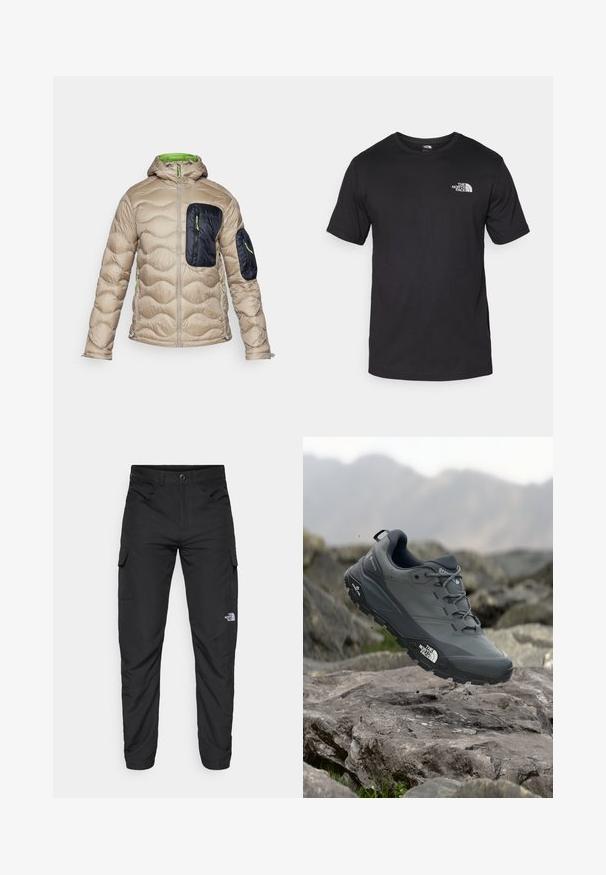 Bež pufast jakna s prilagođenom kapuljačom, tamnoplava prednja džep, zeleni detalji na zipu i teksturirani kviltani dizajn kroz cijelu jaknu.; Crna majica kratkih rukava od pamuka, s okruglim izrezom i malim bijelim logotipom na gornjem lijevom dijelu prsnog koša.; The North Face HORIZON PANT - Hlače za otvoreno - black; Sive trail trkačka cipela s teksturiranim gornjim dijelom, izdržljivom gumenom potplatom i ojačanim vrhom. Ima vezice i logotip branda sa strane.